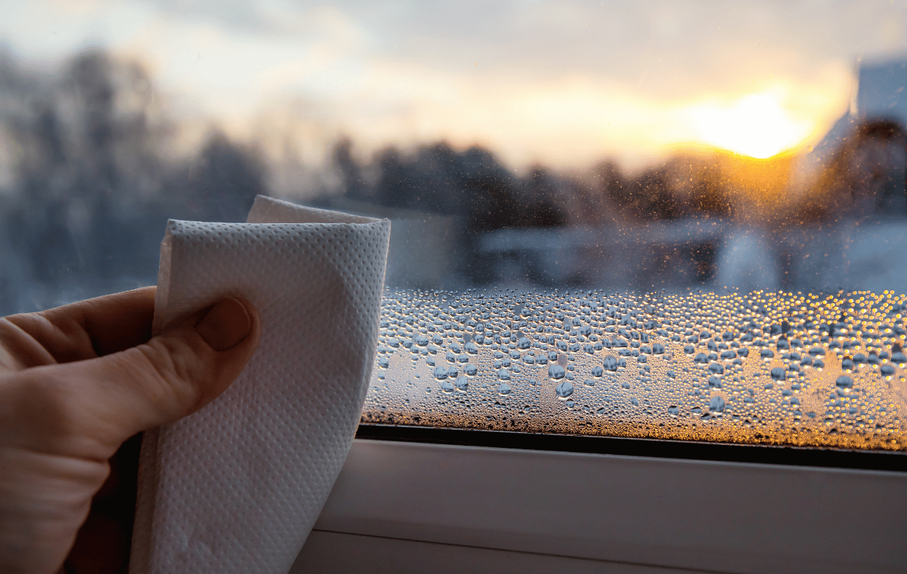Hand wiping fog from a window to reveal clear light beyond