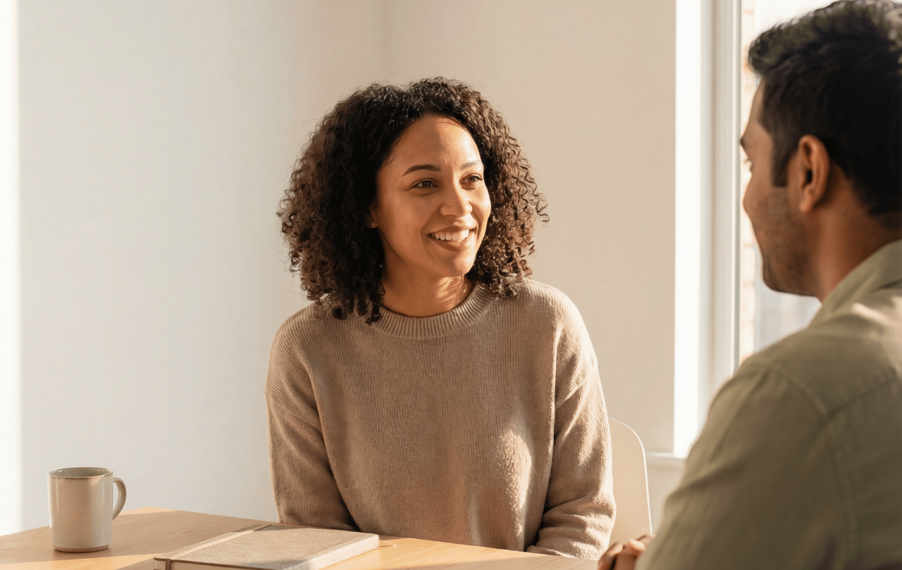 Two people in a coaching conversation, showing love made visible through ministry